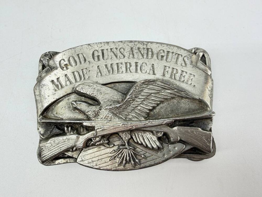 Vintage 1983 Siskiyou God Guns And Guts Belt Buckle Eagle Rifle USA